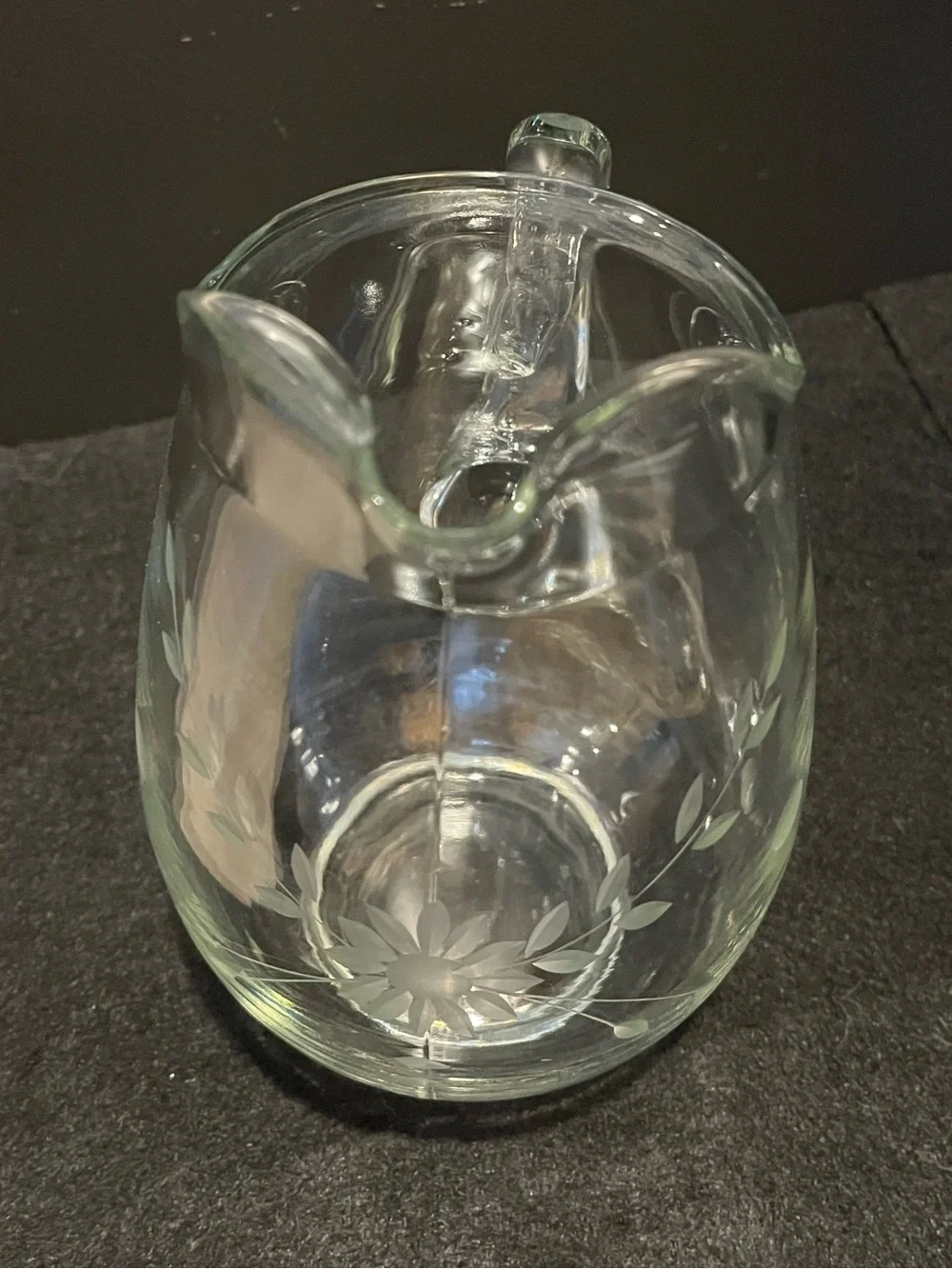 Vintage Clear Glass Pitcher with Delicate Etched Floral and Leaf Motif 4.5 Cup